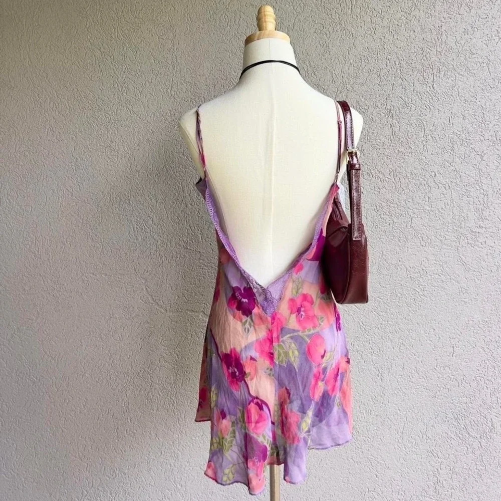 Vtg Y2K 2001 Victoria's Secret 100% Silk Slip Dress Purple Floral Lingerie - Picture 6 of 8